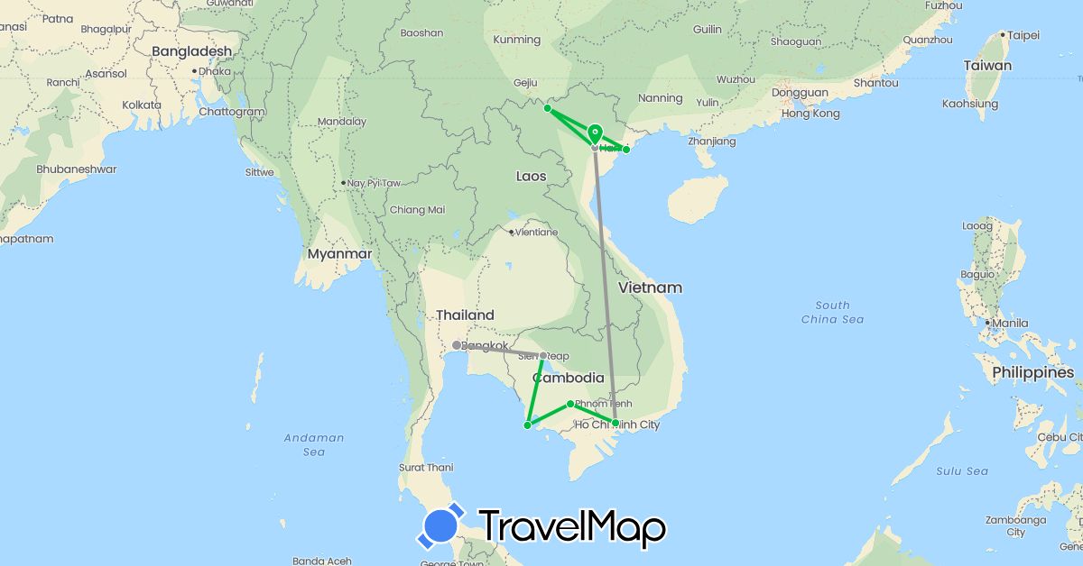 TravelMap itinerary: bus, plane in Cambodia, Thailand, Vietnam (Asia)